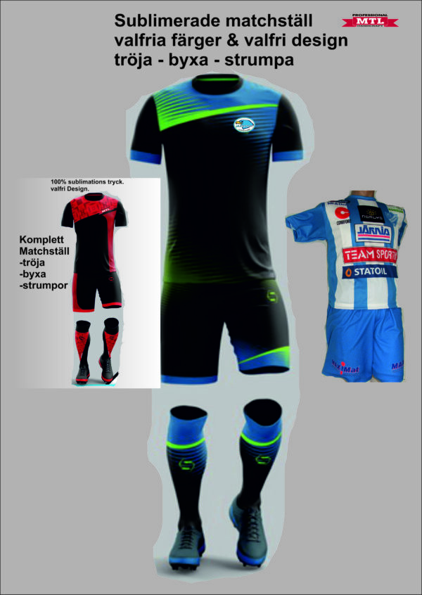 Kompletta matchställ fotboll. Tröja-byxa-strumpor. Valfria tryck. Sublimation